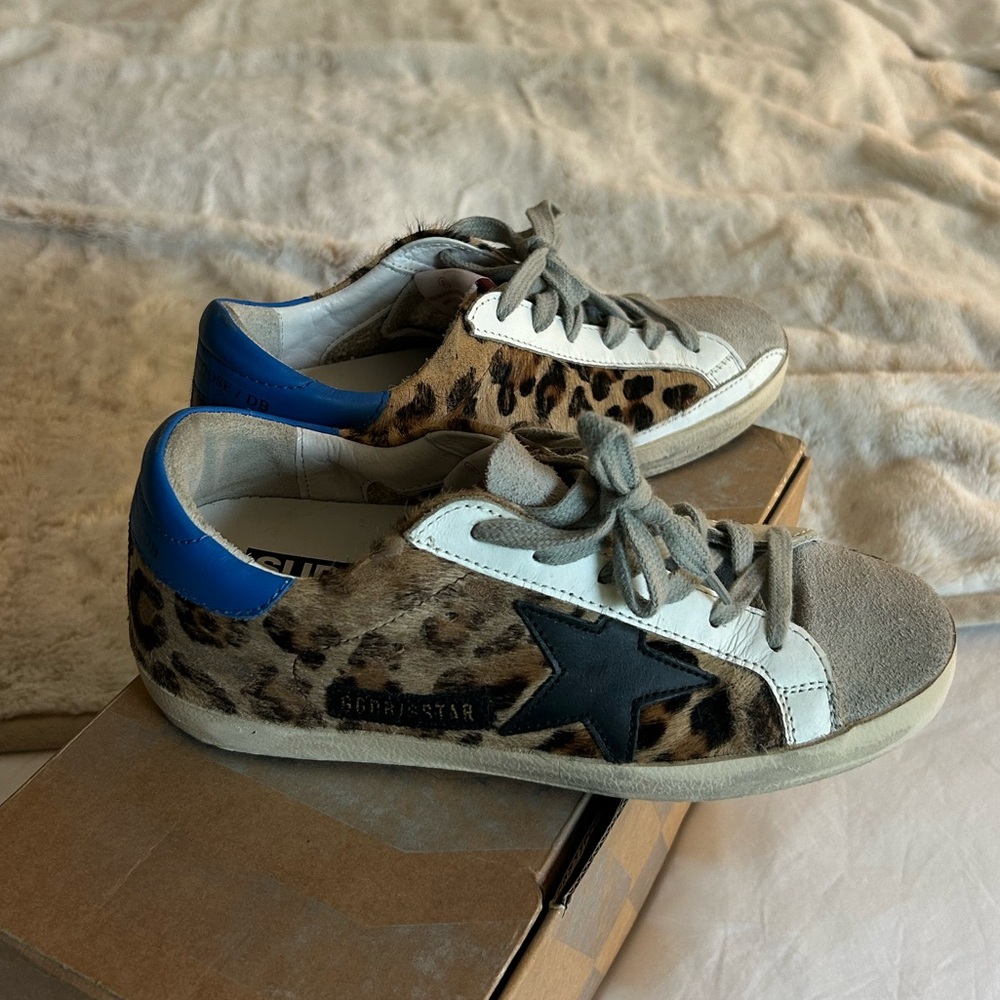 Golden Goose Super-star Leopard Sneakers with Blue and Black Accents